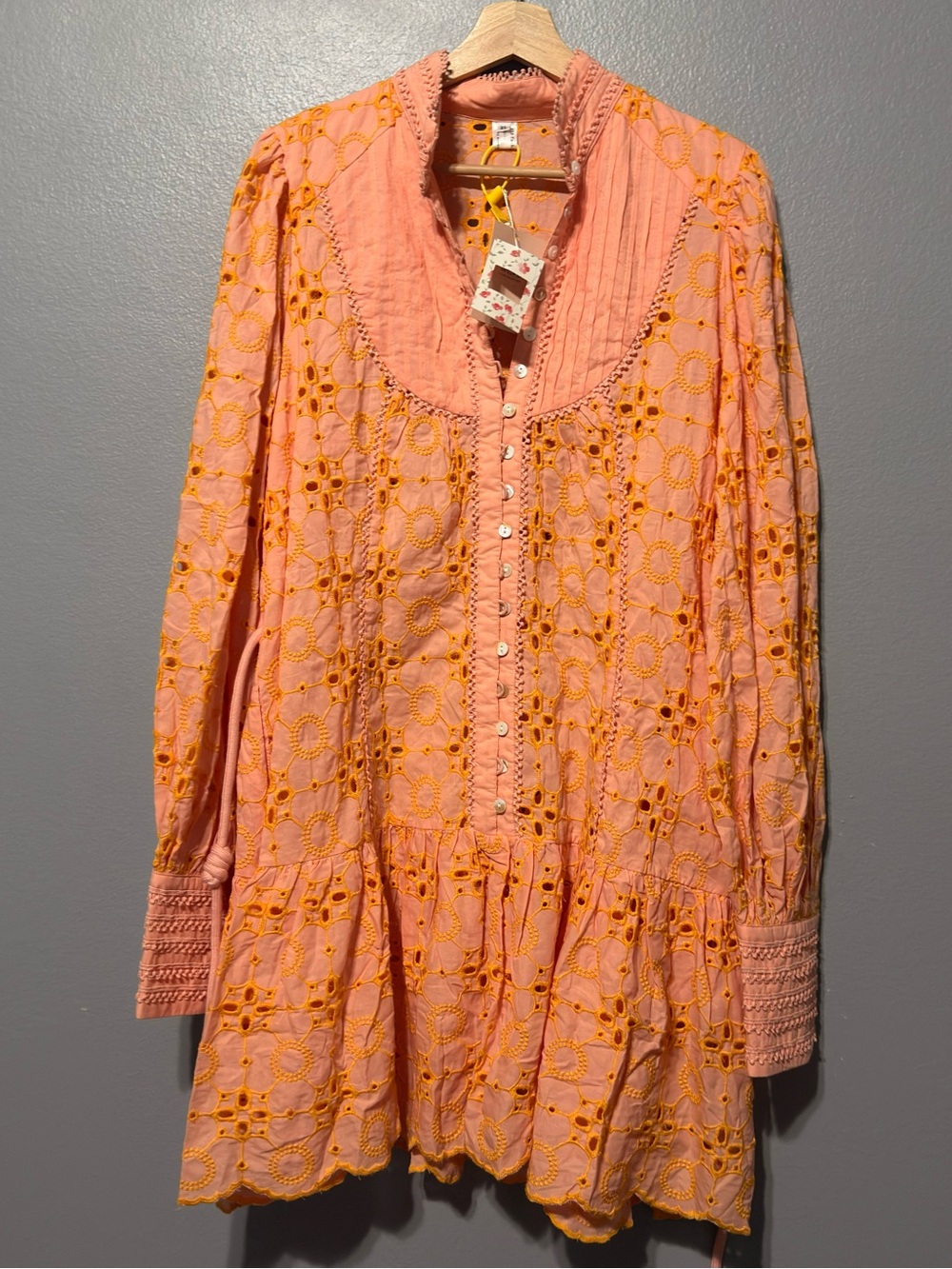 ASA Fashion Group XL Peach Orange Eyelet Embroidery Mini Dress Long Sleeve NWT